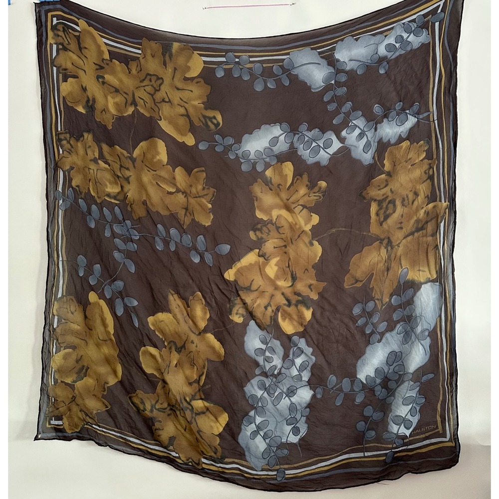 Halston Vintage Silk Chiffon Square Scarf Brown Floral Botanical 32 Inch